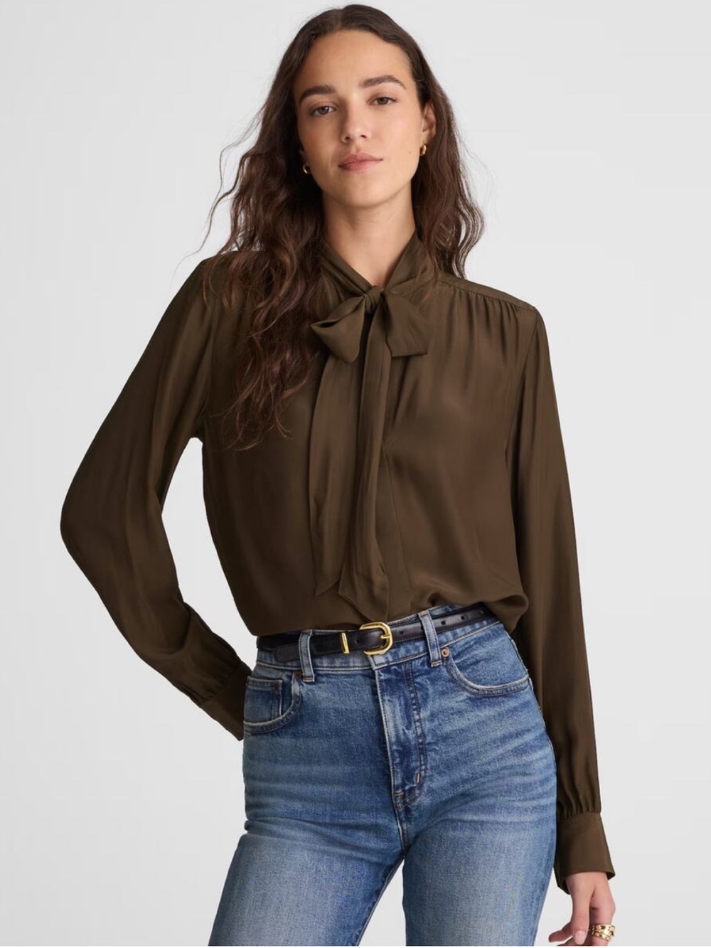 Madewell Brown Tie-Neck Long Sleeve Button Down Blouse